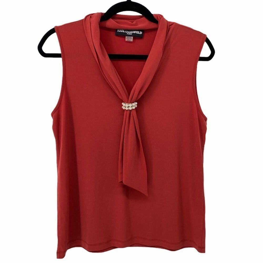 Karl Lagerfeld Orange Rust Pearl Detail V NeckTop‎